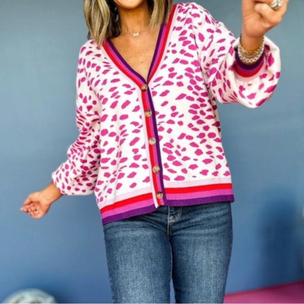 SSYS Magenta Animal Printed Jacquard Knit Button Front Cardigan